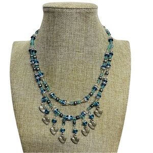 Silver Tone Heart Blue Beaded and Chain Choker Style Statement Necklace